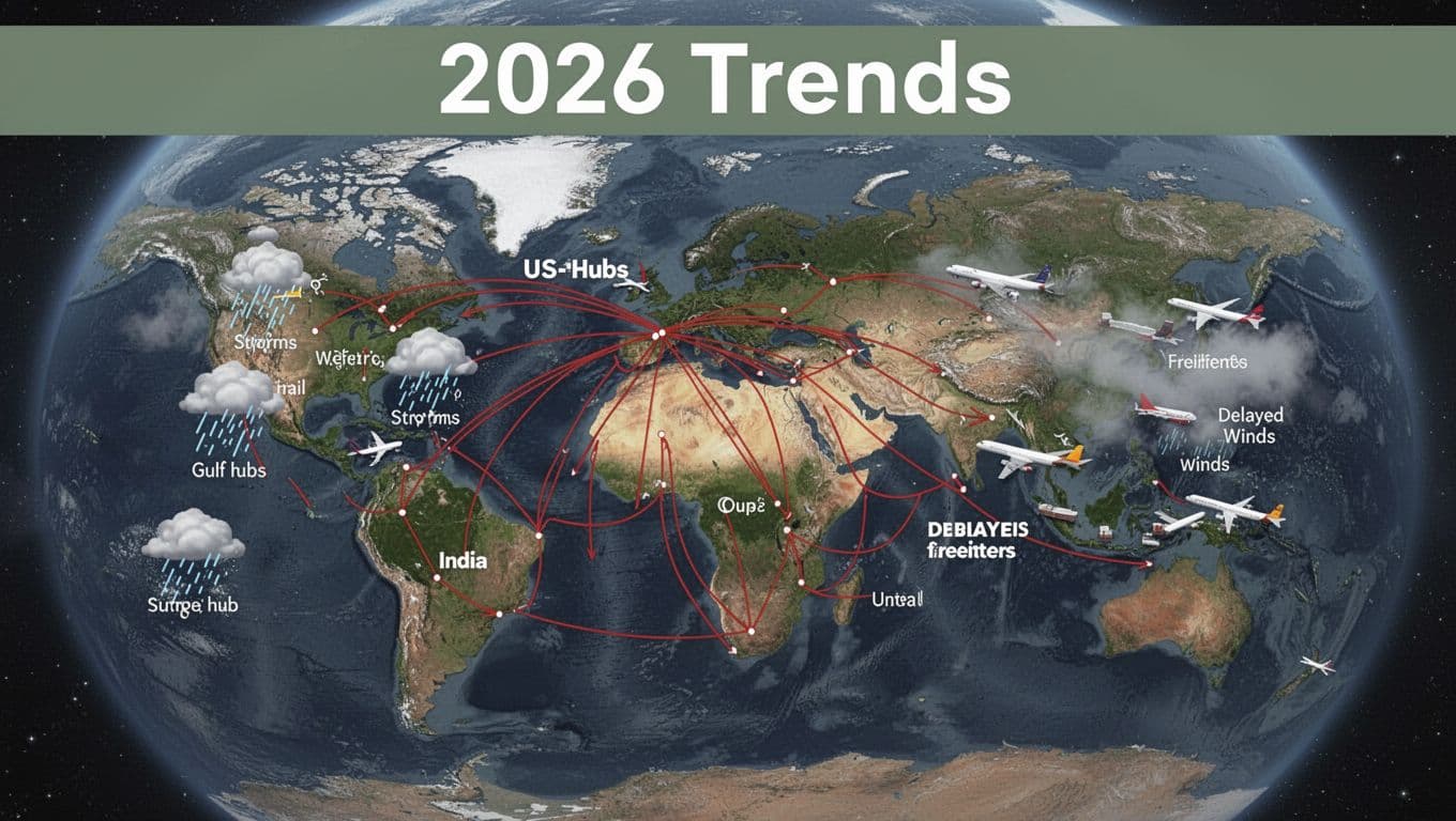 World map depicting major cargo air routes disrupted by 2026 weather events, with red reroute lines around Gulf hubs, weather icons over India, North America, and Europe, delayed freighters, and focus on US-India trade surge in realistic infographic style.