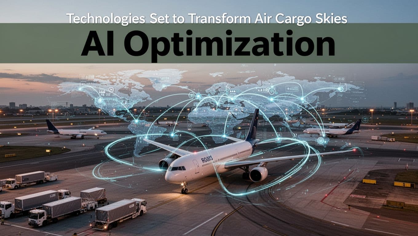 Aerial view of cargo airplanes on runways at a modern airport at dusk, overlaid with digital AI maps showing optimized routes and global data streams connecting hubs.