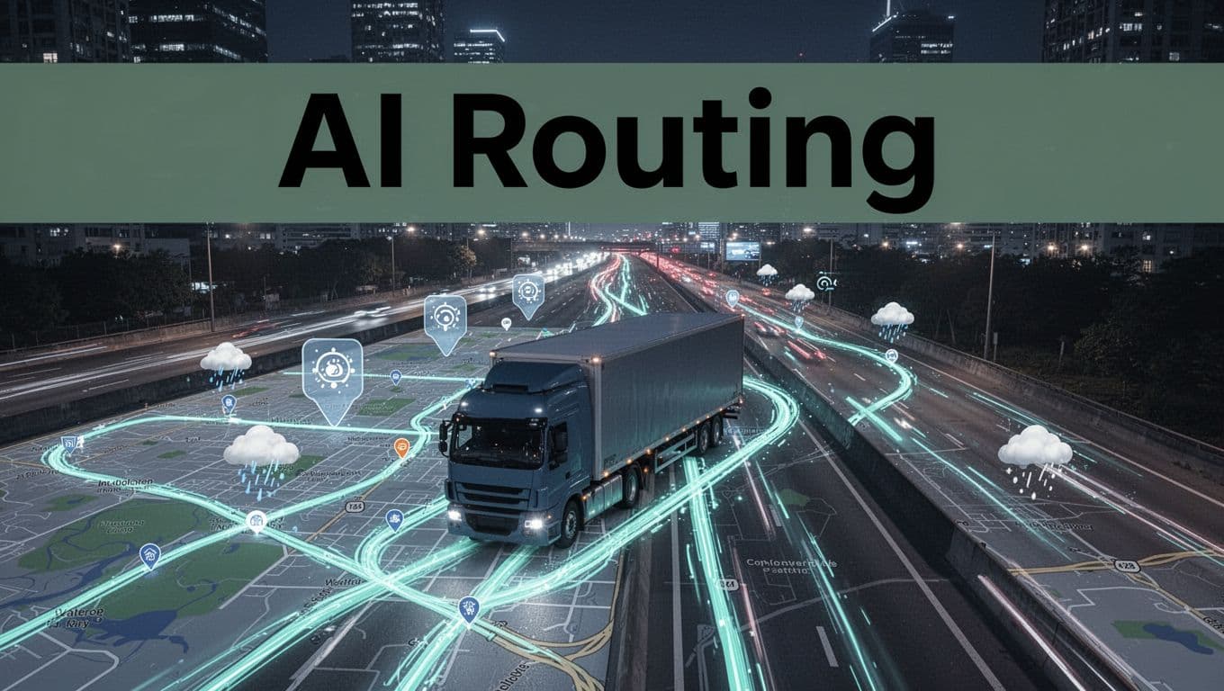 Digital map overlay on nighttime city highways shows glowing optimized paths for delivery trucks avoiding traffic and weather, with AI dashboard for real-time reroutes. Semi-realistic illustrative style with blue-green lighting, prominent single truck, and bold 'AI Routing' headline.