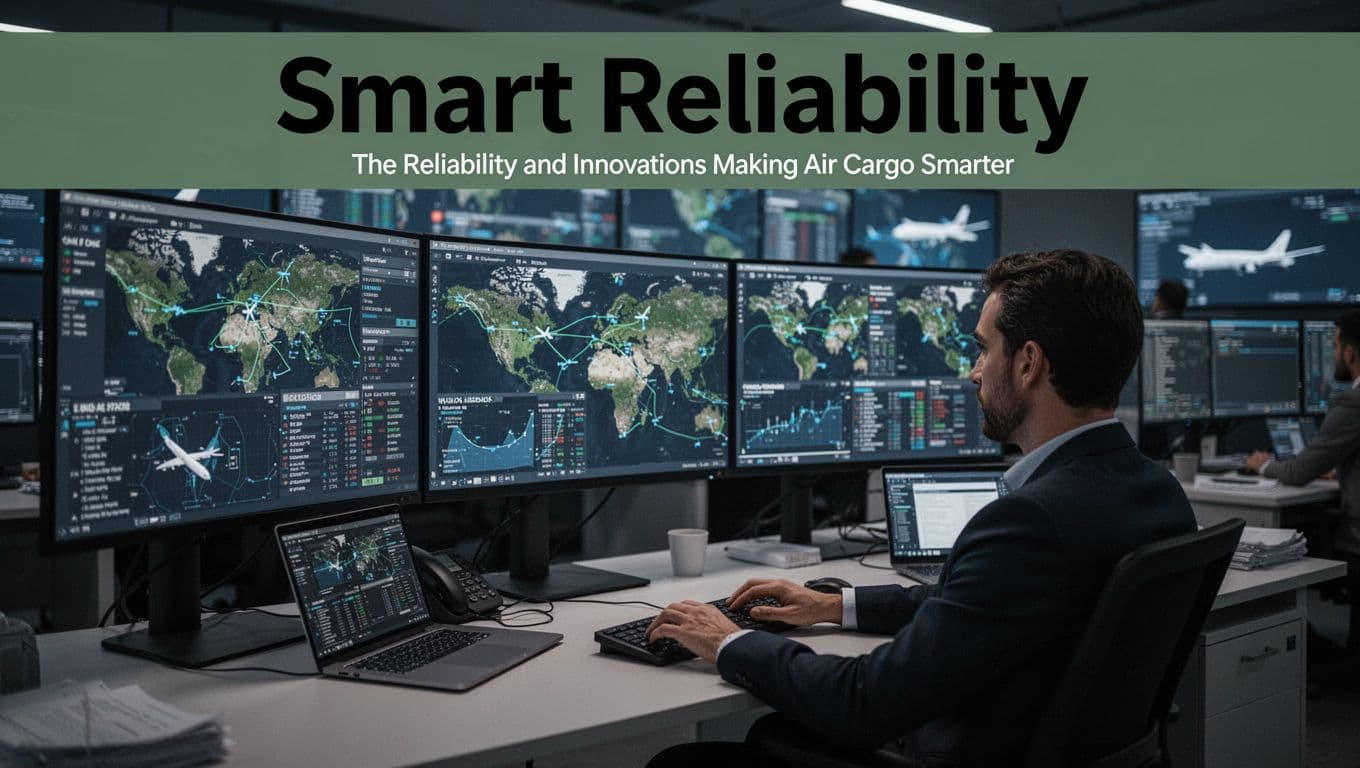 Modern air cargo control center featuring digital screens with real-time tracking maps and data, one relaxed operator at desk with hands on keyboard, dim lighting illuminated by screen glows.