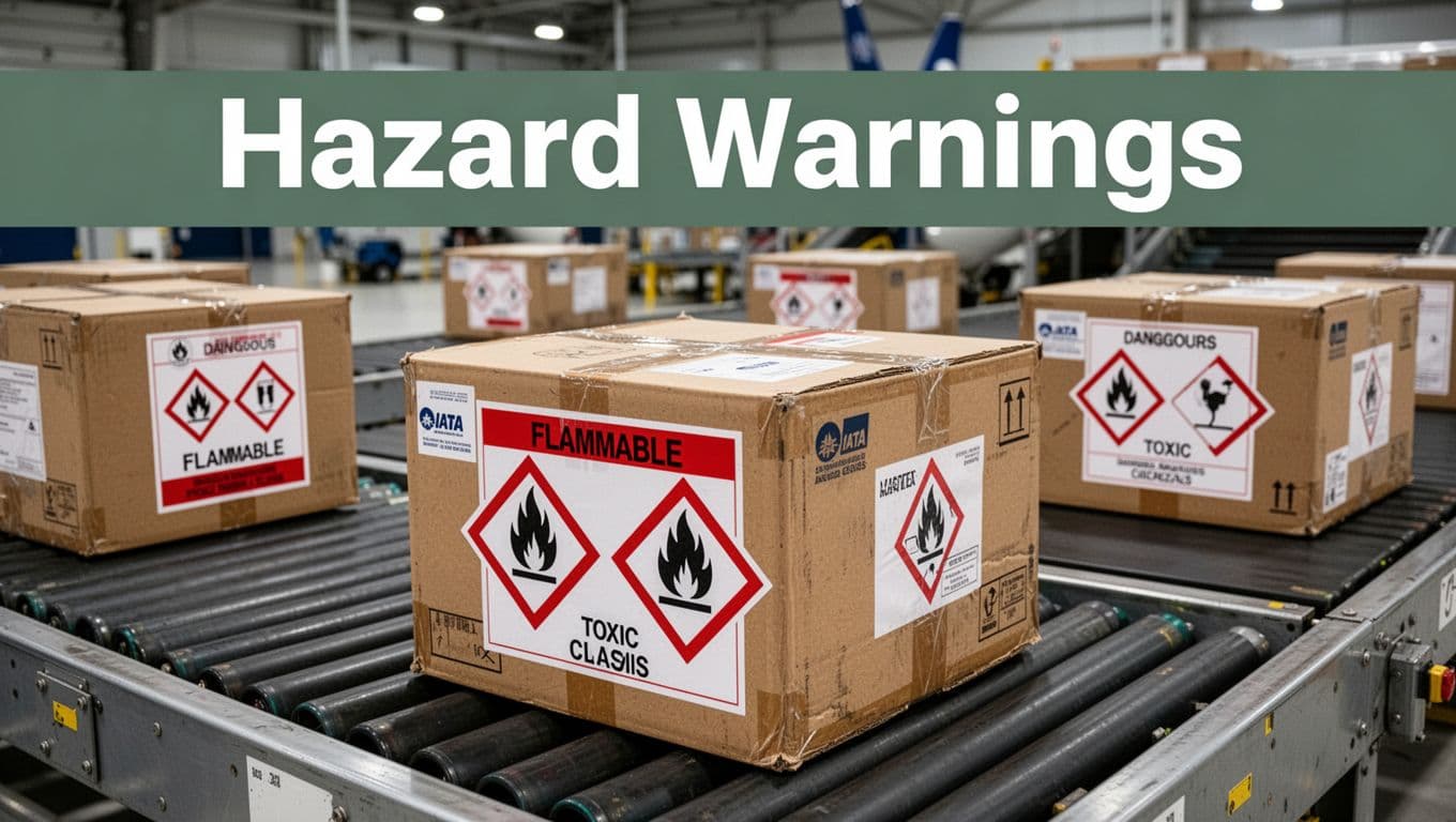 Air cargo boxes on an airport conveyor belt display clear IATA dangerous goods hazard labels in red and white diamond shapes for flammable and toxic classes, with a bold 'Hazard Warnings' banner at the top in a realistic industrial photo.