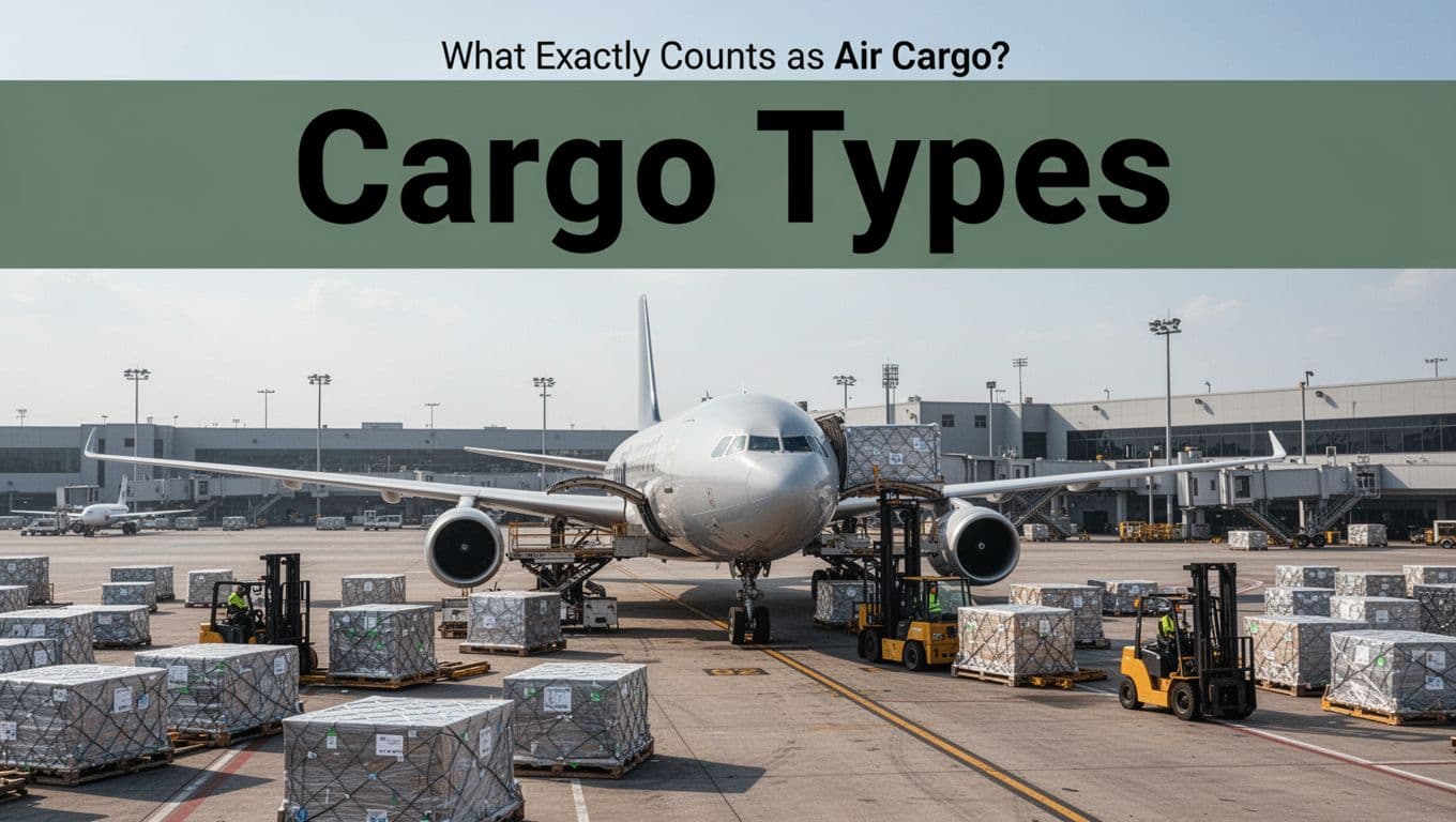 A wide landscape view of an air cargo plane on the tarmac at a busy airport cargo terminal, with pallets and containers being loaded by forklifts under clear skies in realistic daylight photography. Bold headline 'Cargo Types' featured in a muted dark-green band at the top.