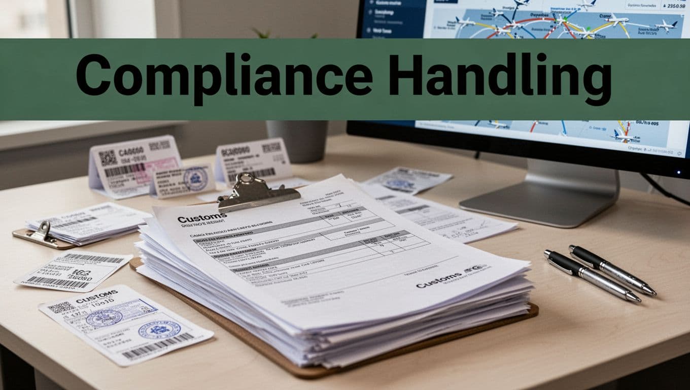 Close-up realistic photo of customs documents, stamps, cargo labels, and clipboard on an office desk with a computer screen showing flight routes.