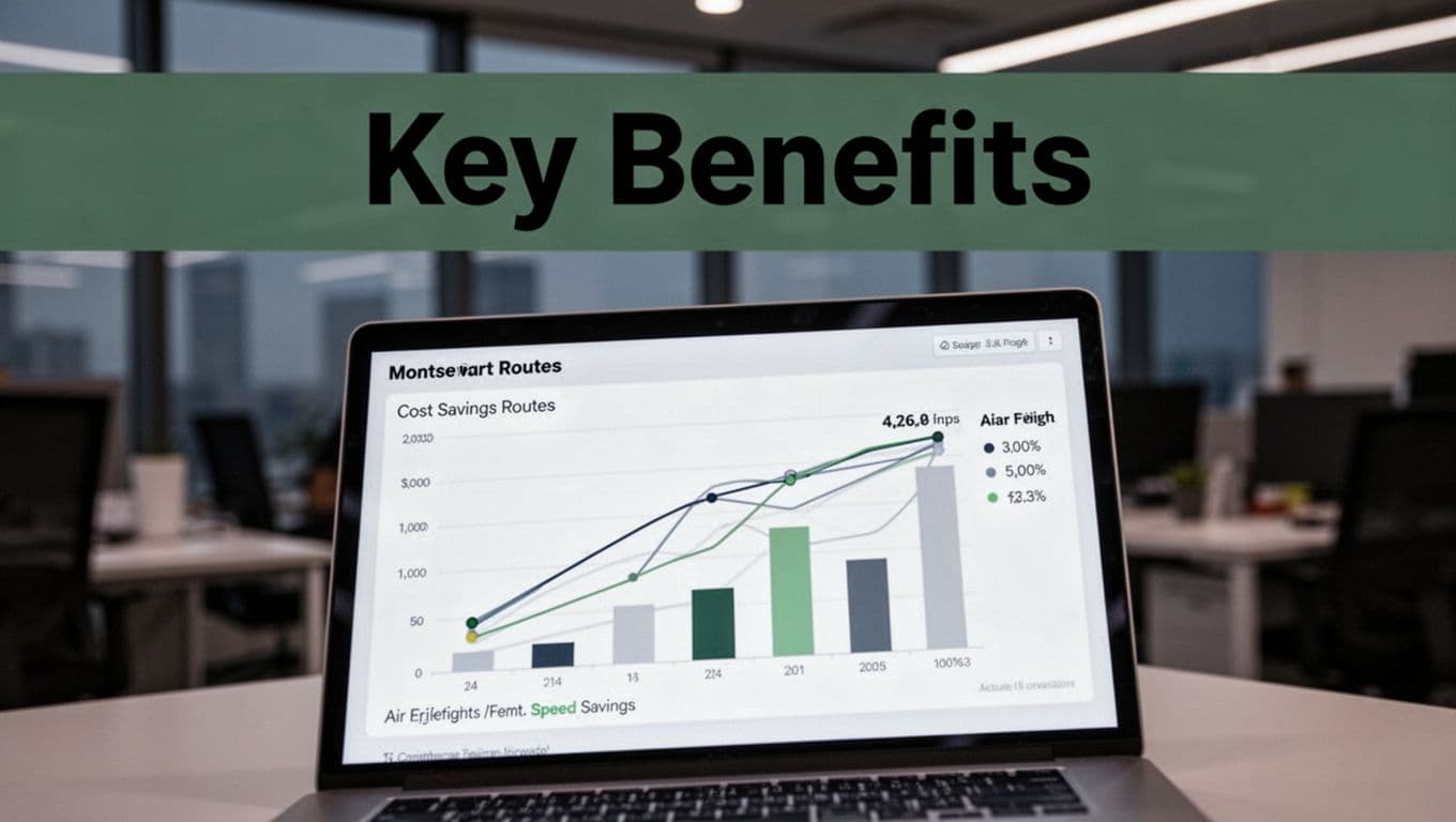 Digital dashboard graph chart displaying cost savings and speed metrics for air freight routes, with bold 'Key Benefits' headline on muted dark-green band.