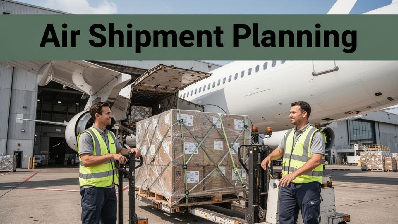 Cargo plane loading pallets at airport warehouse during day, with professional logistics workers in vests securing boxes using straps in a wide landscape view.