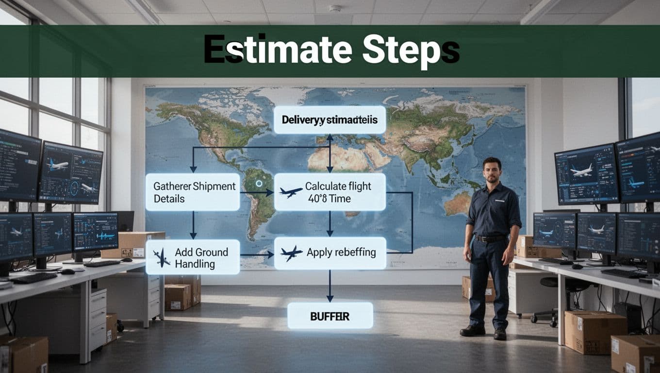 Step-by-step flowchart of air shipping delivery time estimation process in a modern air freight operations center with digital screens, world map, and a single freight coordinator.