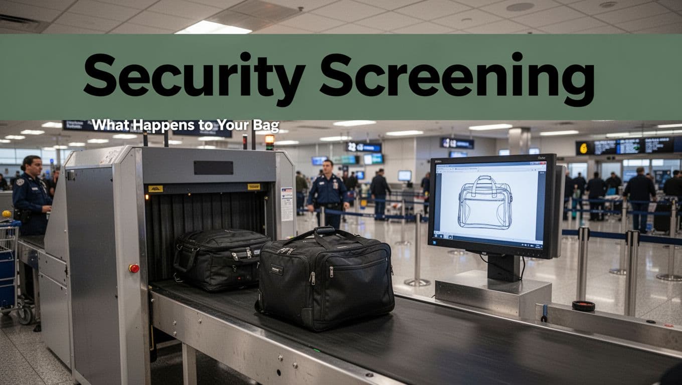 Wide shot of a busy US airport terminal showing the security screening process with baggage passing through an X-ray machine conveyor, a nearby screen displaying a bag outline, and a partially visible security officer in the background. Features a bold 'Security Screening' headline in Title Case on a muted dark-green band at the top.