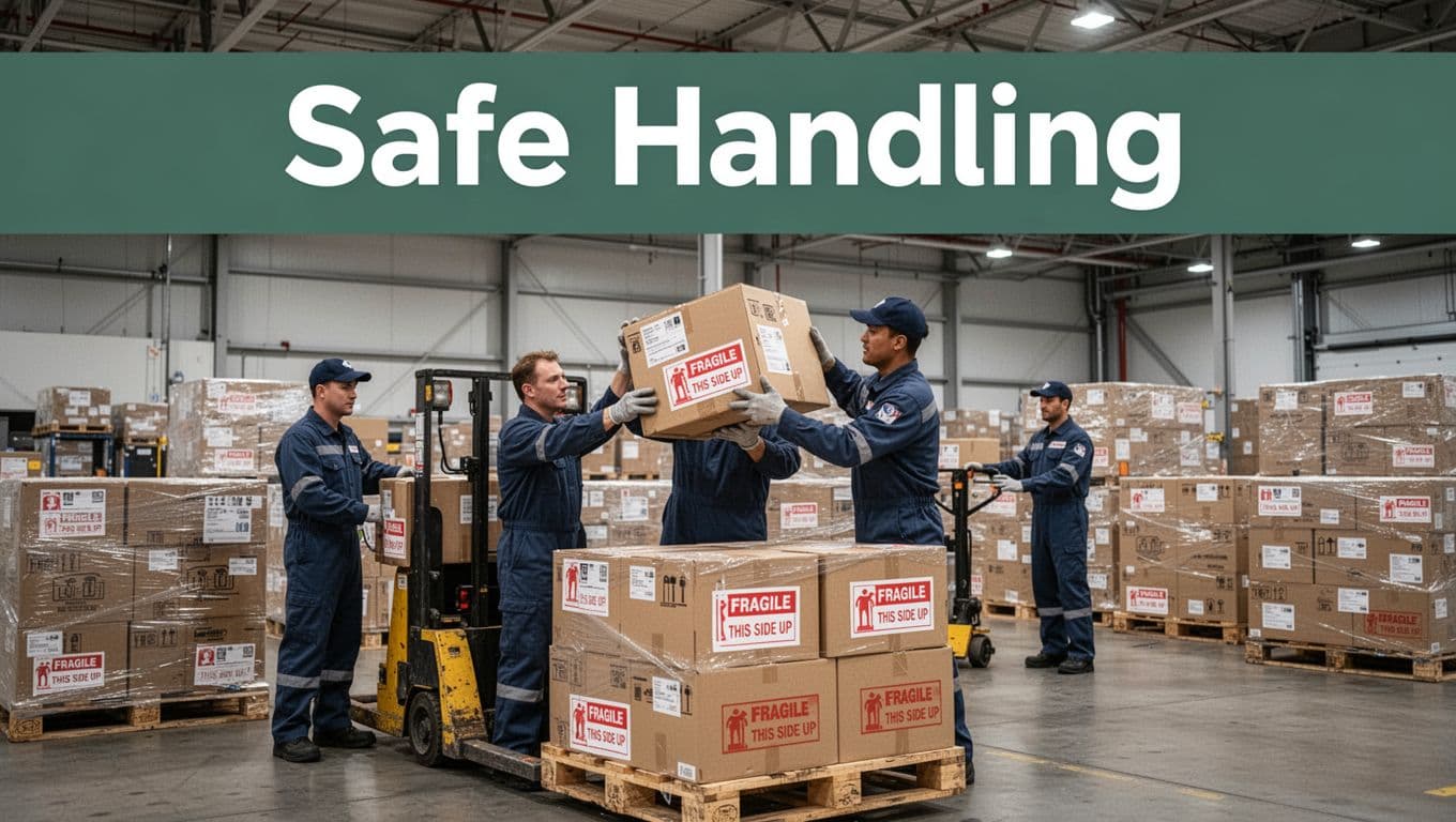 Two airport cargo handlers in uniforms carefully stack boxes with visible fragile and this side up labels on pallets in a large warehouse bay, emphasizing safe handling processes in a realistic photo style.