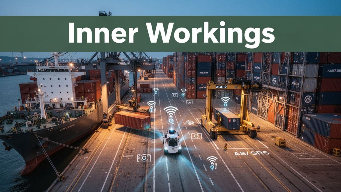 Dynamic overhead view of an AGV with LiDAR sensors picking up a container from a quay crane in a busy US port yard at dusk, navigating obstacles en route to robotic stacking cranes and AS/RS storage racks.