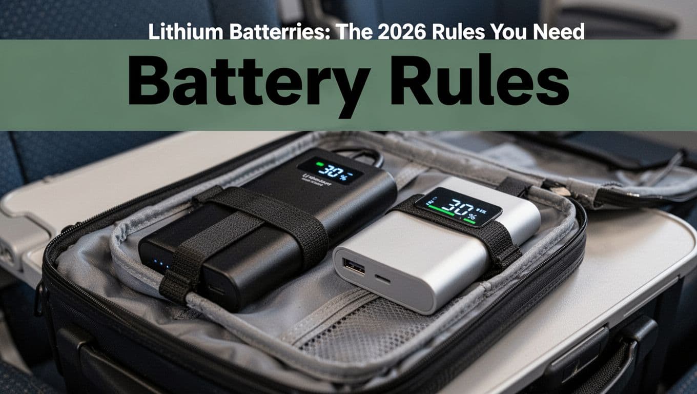 Lithium batteries and power banks with under 30% charge indicators, secured in protective cases inside a carry-on bag on a passenger seat. Bold 'Battery Rules' headline on a muted dark-green band at the top, realistic photo style below.
