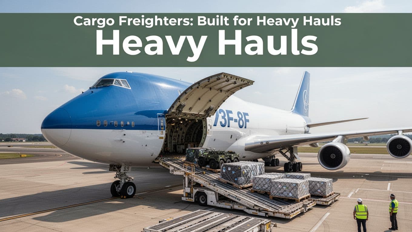 Boeing 747-8F cargo freighter parked on airport tarmac with nose door open, revealing main deck and floor tracks as pallets of heavy freight are loaded, captured in realistic photo style under daytime lighting. Features bold editorial branding with edge-to-edge muted dark-green band at top bearing 'Heavy Hauls' headline in high-contrast geometric sans-serif font.