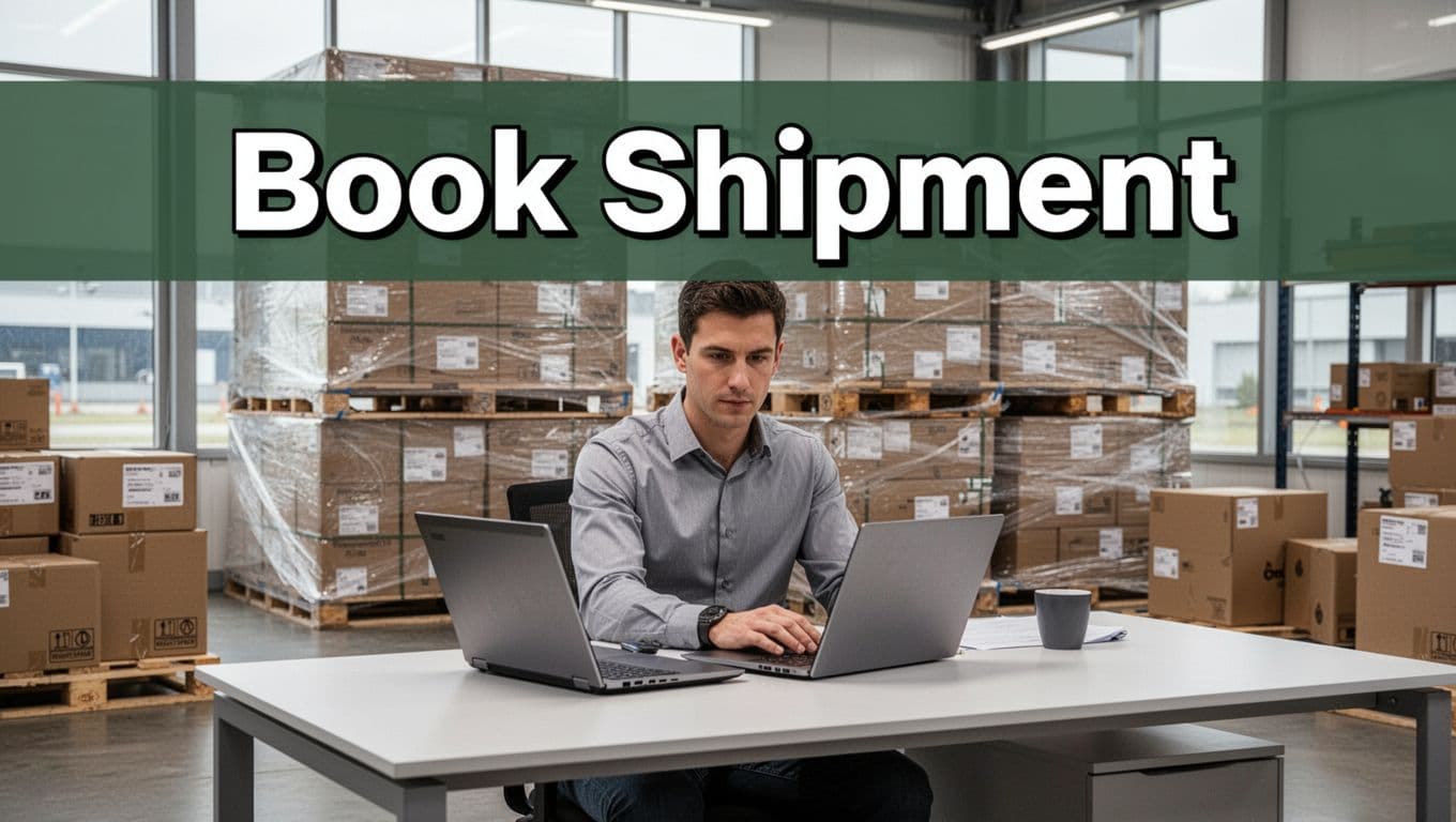 A logistics professional sits at a modern office desk typing on a laptop to book an air cargo shipment, with stacked pallets and boxes in the warehouse background under bright daylight. Top features a bold dark-green band with high-contrast 'Book Shipment' headline.