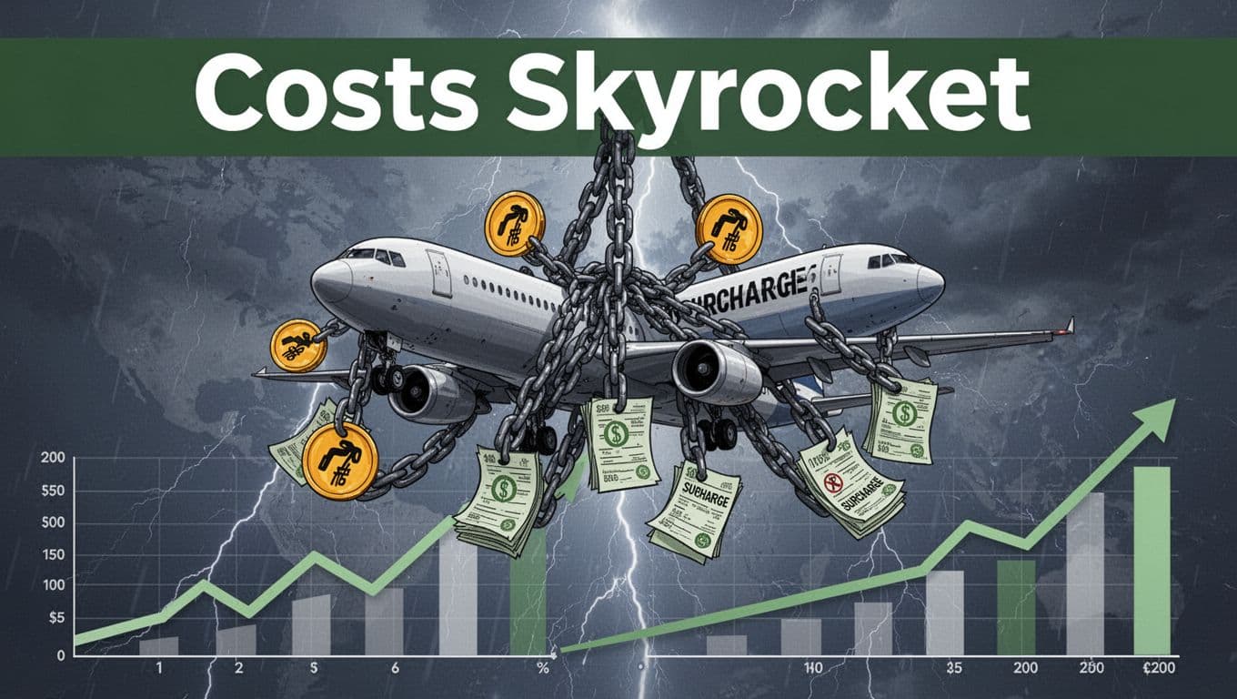 Bold editorial illustration of a cargo airplane burdened by heavy chains labeled with rising fuel icons and surcharge bills, flying in a stormy sky above graphs of spiking prices, topped with a dark-green band bearing the headline 'Costs Skyrocket'.