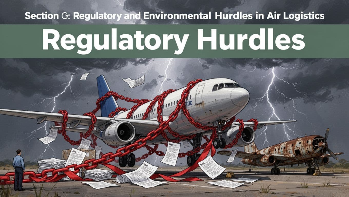 Bold editorial illustration of a cargo airplane tangled in thick red tape and paperwork chains amid gathering storm clouds, with an old rusty plane idling nearby and a headline 'Regulatory Hurdles' at the top.