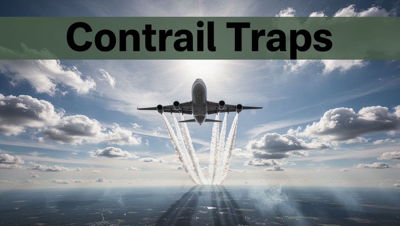 A large cargo airplane flies at high altitude, leaving long persistent white contrails across a partly cloudy blue sky, illustrating air cargo's contribution to climate warming via greenhouse gas emissions.