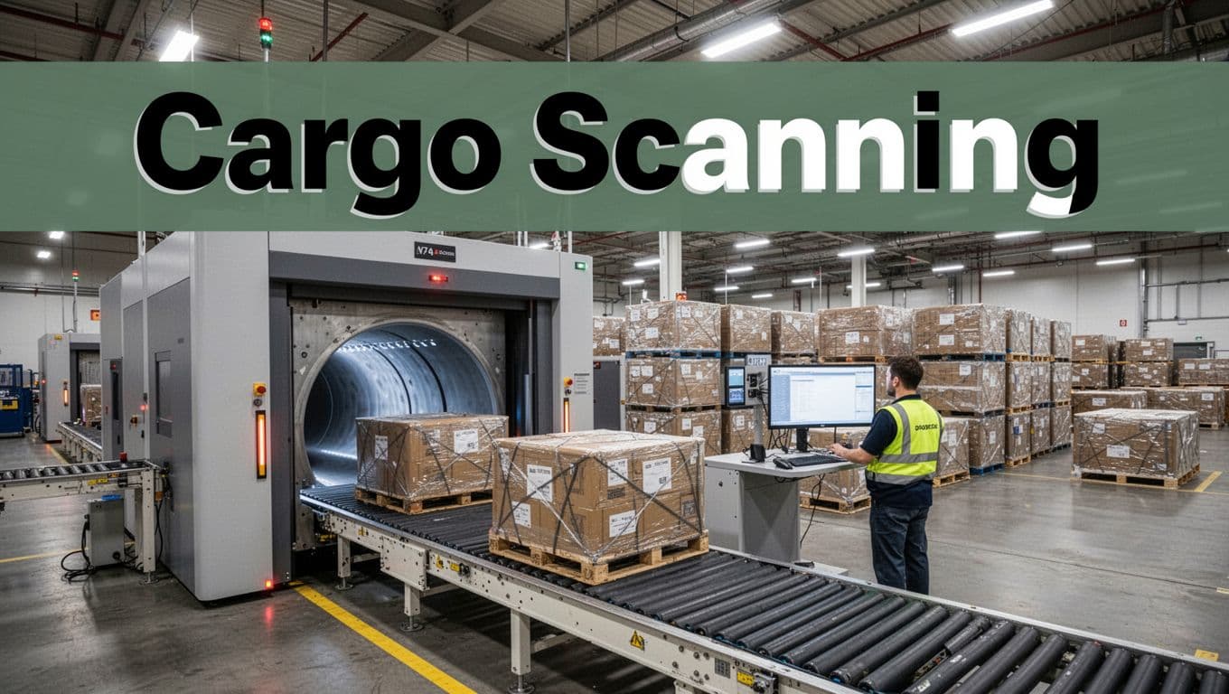 Large X-ray scanner screening air cargo boxes on a conveyor belt in a busy airport warehouse, with one worker monitoring a blurred screen from a distance. Bold 'Cargo Scanning' headline in white on a dark green band at the top.
