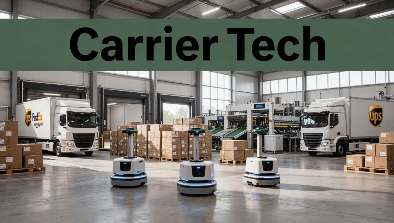 Modern warehouse interior with three autonomous robots stacking packages, two branded trucks at loading docks, high-tech sorting machines, and a bold 'Carrier Tech' headline, showcasing efficiency of major carriers.