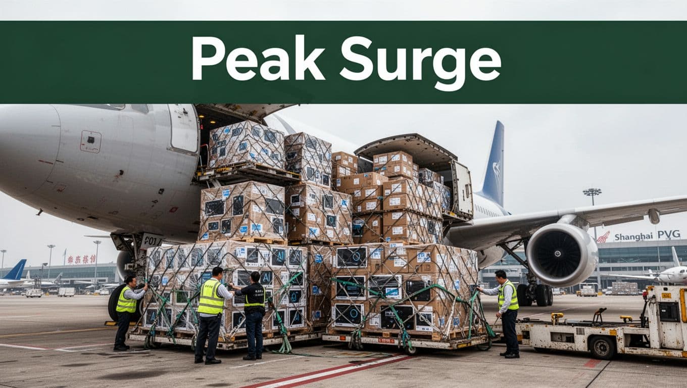 A large freighter plane on the busy cargo ramp at Shanghai PVG airport is overloaded with pallets of electronics boxes, semiconductors, and AI components during the Chinese New Year rush, with ground crew securing straps amid an overcast sky and a prominent 'Peak Surge' banner at the top.