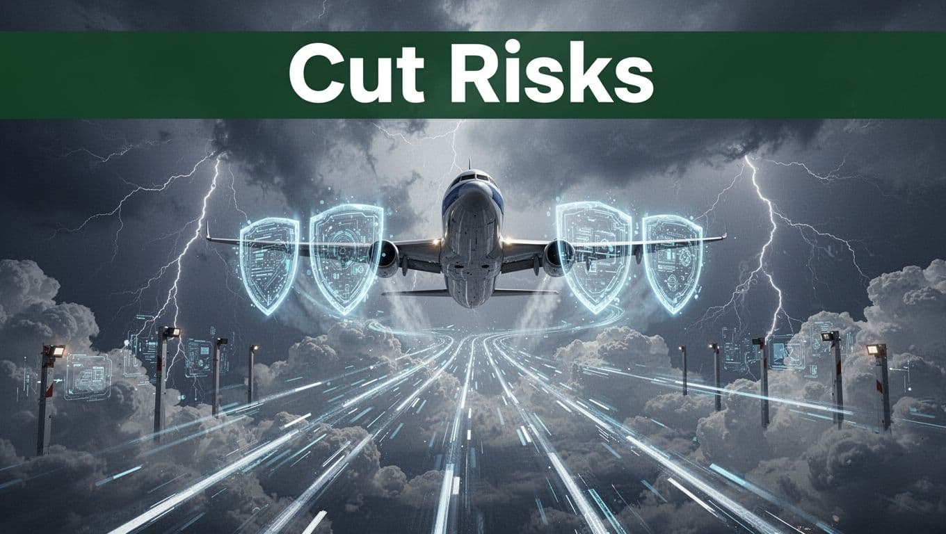 Bold editorial illustration of a single cargo airplane flying safely above stormy clouds and barriers using glowing tech shields and diverging path lines, viewed from a low angle, in muted blue-gray tones with high contrast bright highlights.