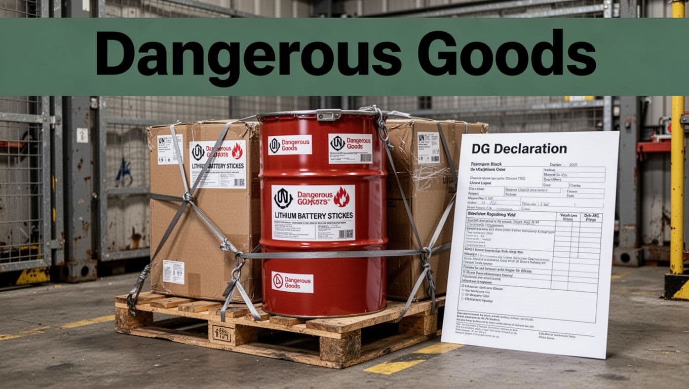 Secured drum on pallet in industrial secure holding area with UN labels, lithium battery stickers, and DG declaration form nearby, side angle realistic photo with even lighting and bold 'Dangerous Goods' headline on dark-green top band.