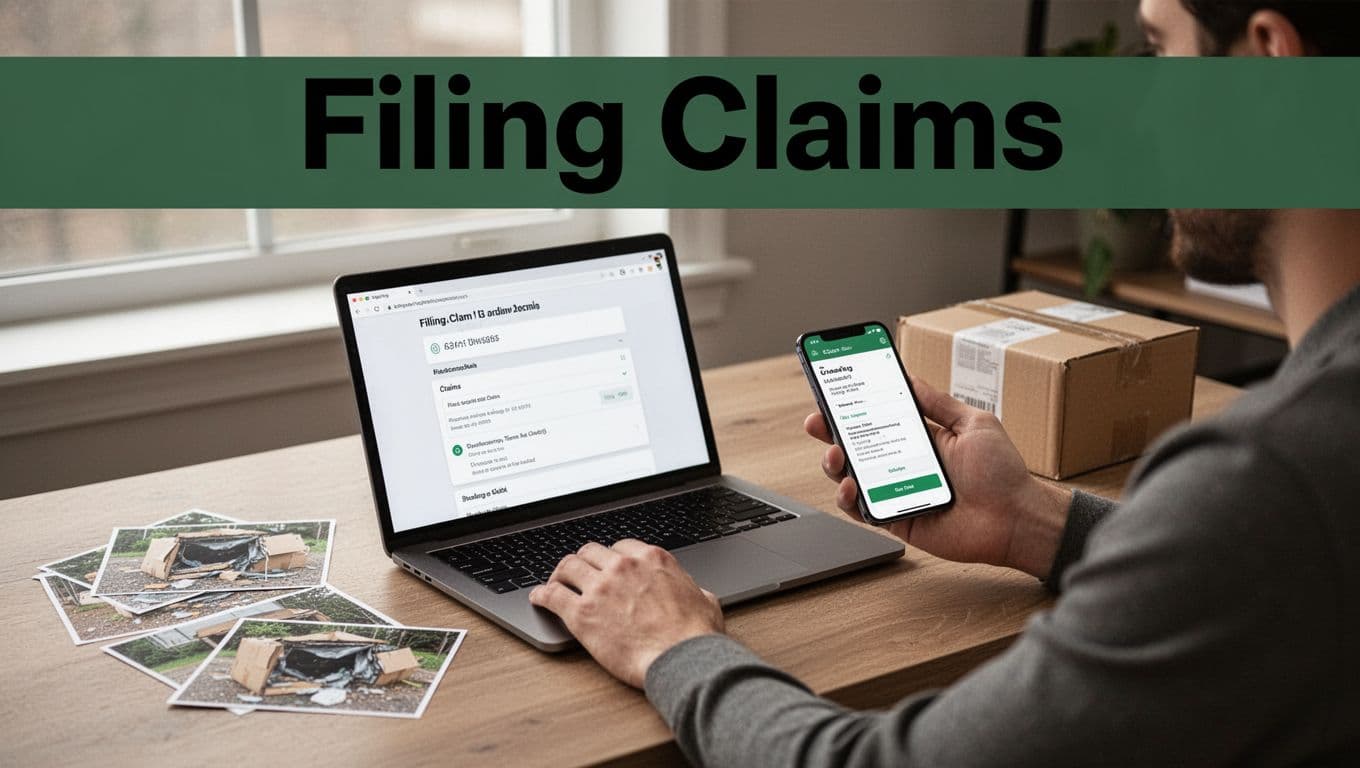 Person at a home office desk using laptop open to claims form and phone with tracking app, with photos of damaged package scattered nearby, illustrating starting the online UPS or FedEx claim process.