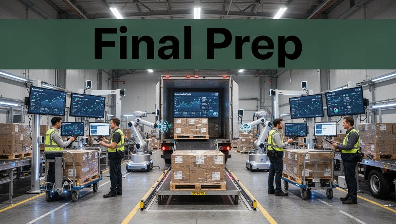 Photorealistic depiction of a 2026 cargo prep area with automated scanners, robots loading trucks and dollies, digital tracking screens, IoT sensors on pallets, and exactly five workers interacting with the technology under a bold 'Final Prep' headline.