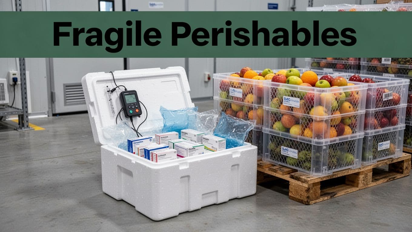 Insulated foam box with temperature logger and gel packs for pharmaceuticals beside a pallet of perishable fruits in ventilated containers in a clean cold chain facility.