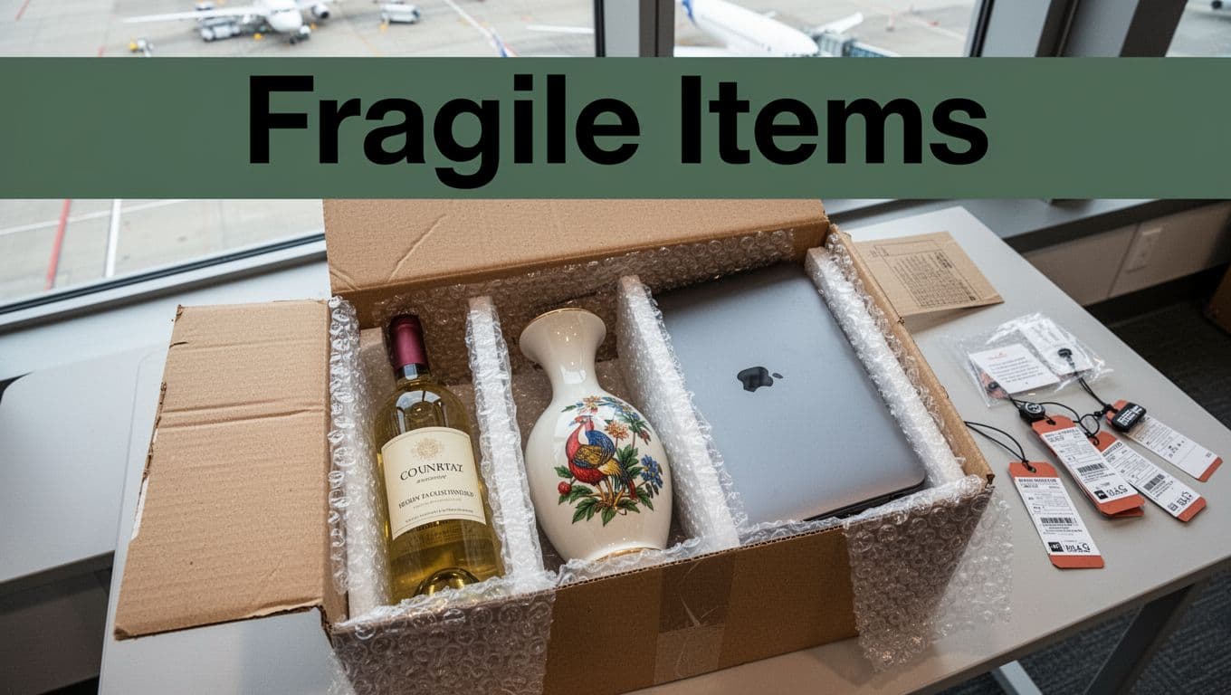 Everyday fragile travel items like a glass wine bottle, ceramic souvenir vase, and laptop are carefully packed in a sturdy box with bubble wrap and dividers on a packing table near an airport window, featuring a bold 'Fragile Items' headline on a dark-green band.