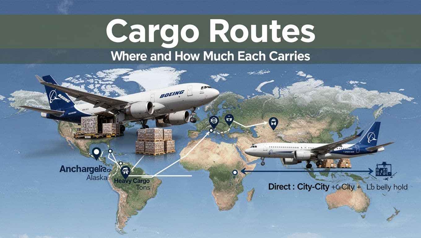 A Boeing freighter flies over a stylized world map highlighting cargo hubs like Anchorage with stacked pallets in its open nose door, contrasted by a smaller passenger jet on direct city routes with light belly cargo, under clear blue skies.