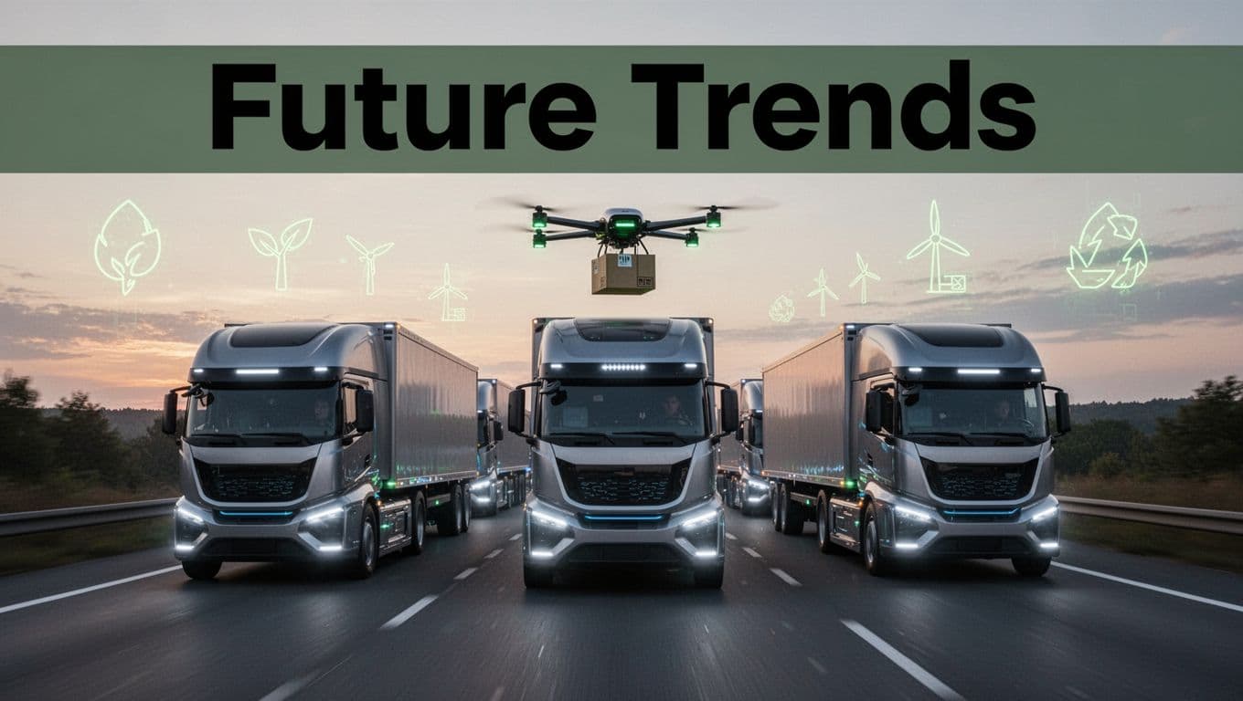 Futuristic convoy of three autonomous electric trucks on a highway at dusk, with a drone hovering above carrying a package and subtle green energy icons in the sky, emphasizing speed and eco-friendliness in a semi-realistic style.