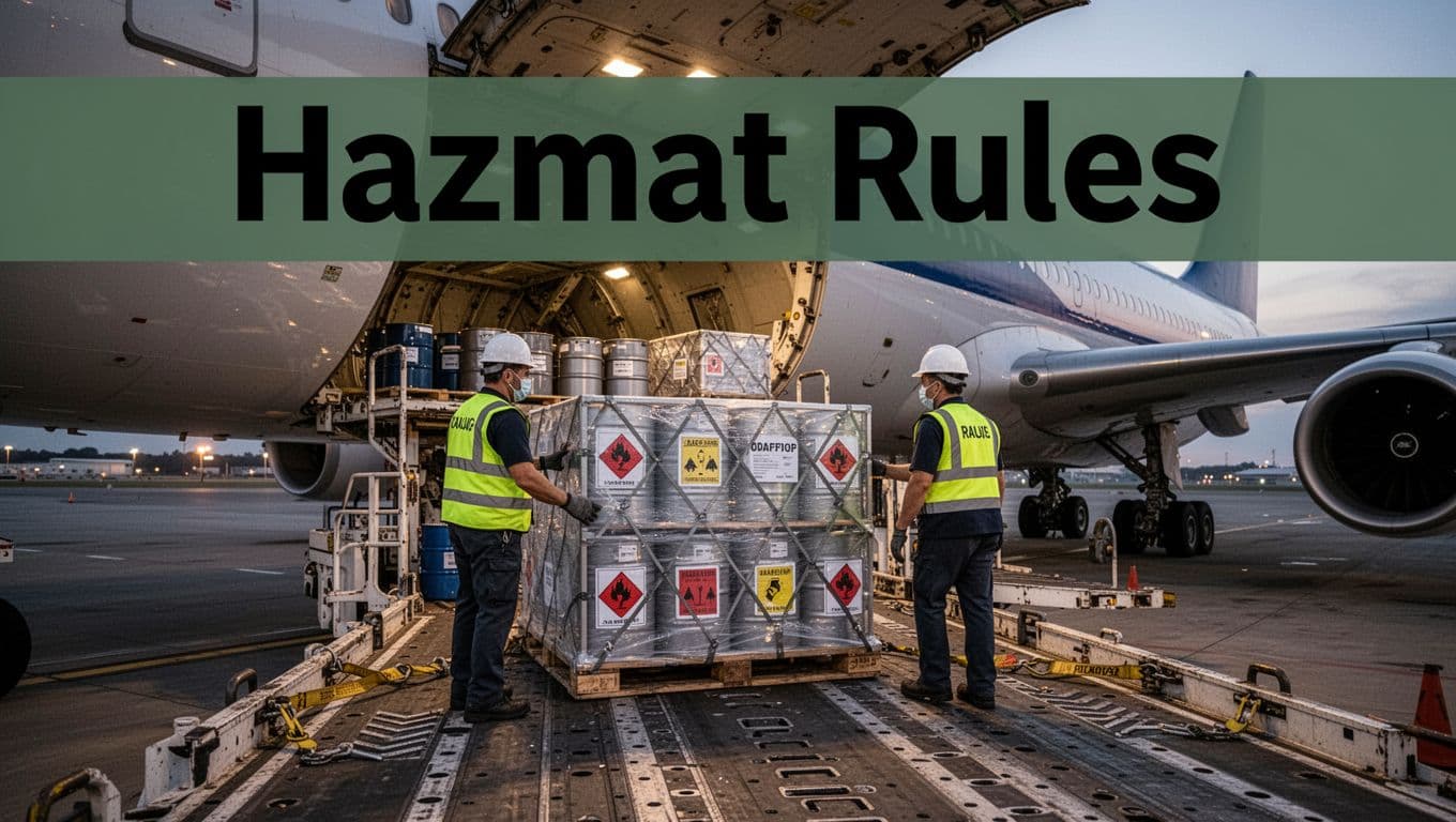 Bold 'Hazmat Rules' headline on dark-green band atop image of cargo ramp workers loading hazmat containers and drums into freighter plane belly hold at dusk airport.