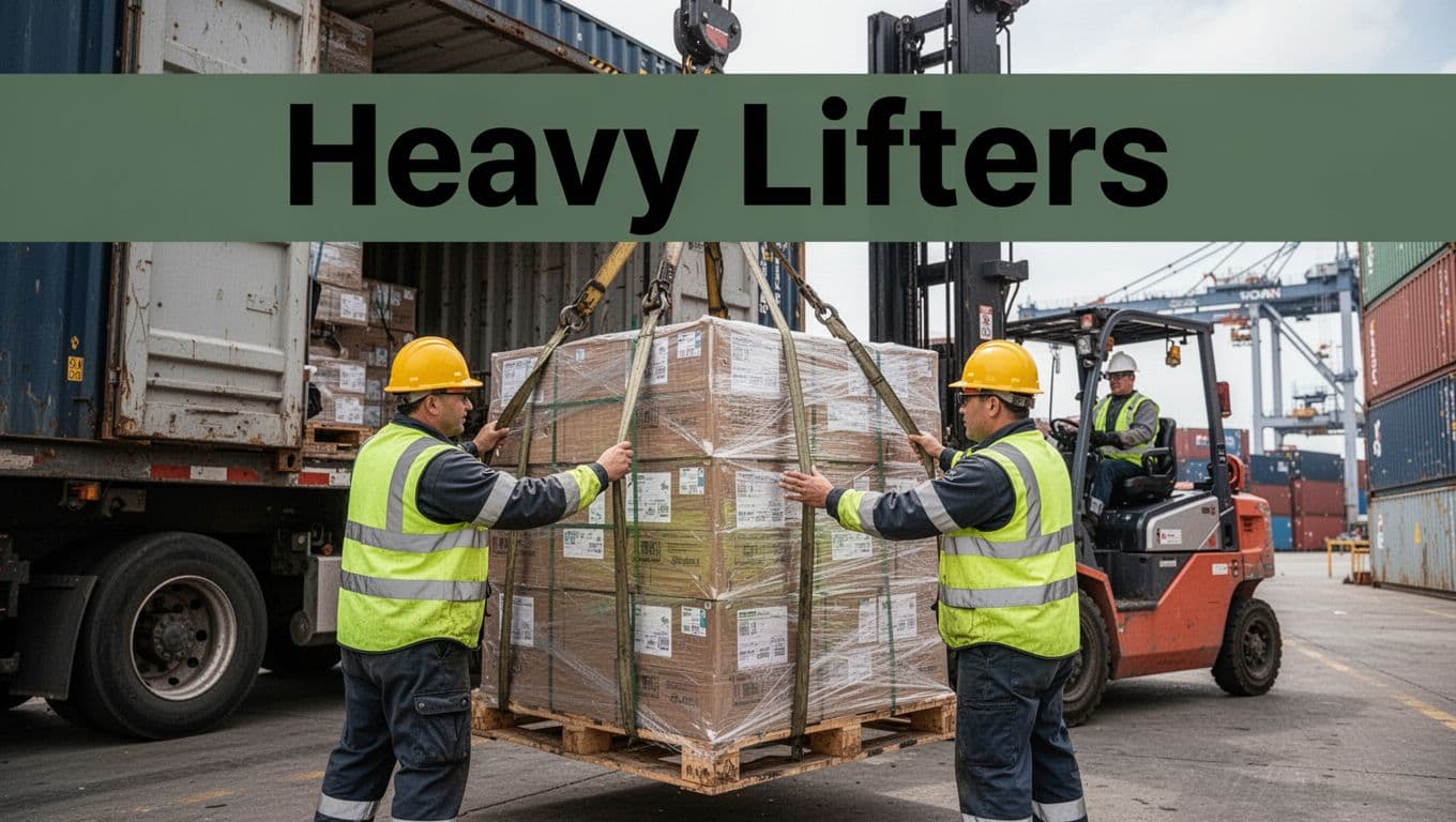 Two frontline workers in high-vis safety gear and helmets stack heavy pallets of cargo using straps in a busy US port warehouse, with a forklift operator in the background, emphasizing physical strength and teamwork.