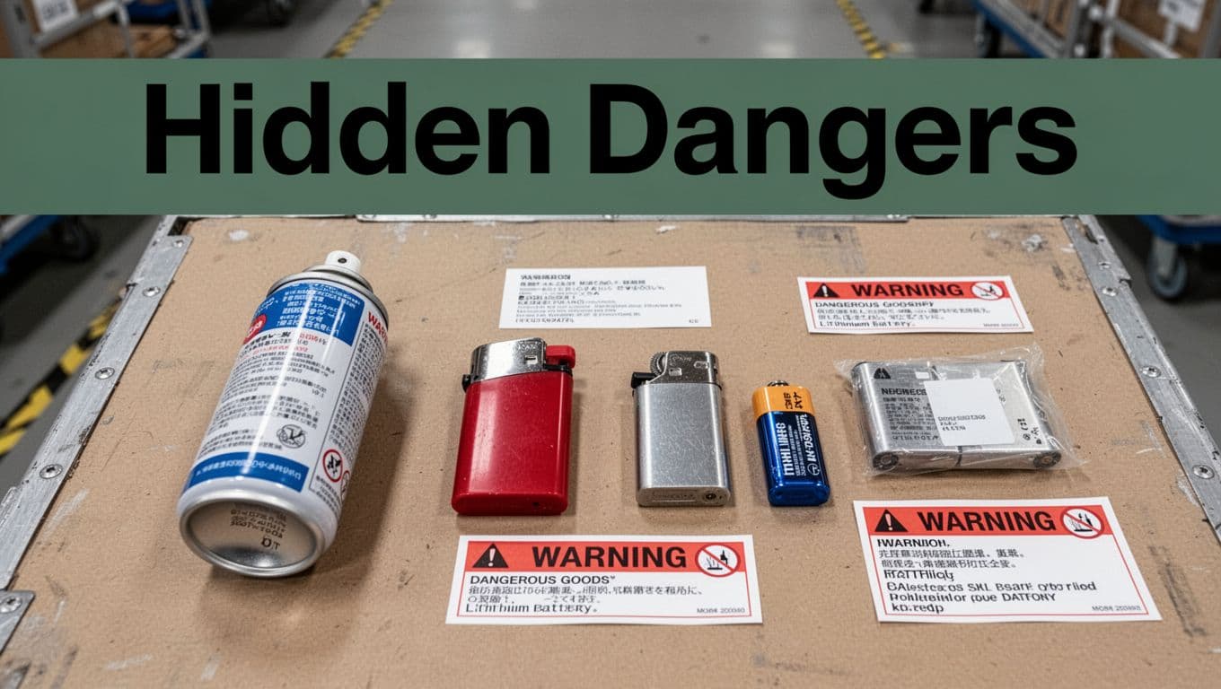 Overhead view of unexpected dangerous goods like aerosol cans, lighters, and lithium batteries on a neutral surface in an airport cargo area, with nearby warning labels. Bold editorial style with 'Hidden Dangers' headline on a muted dark-green band.