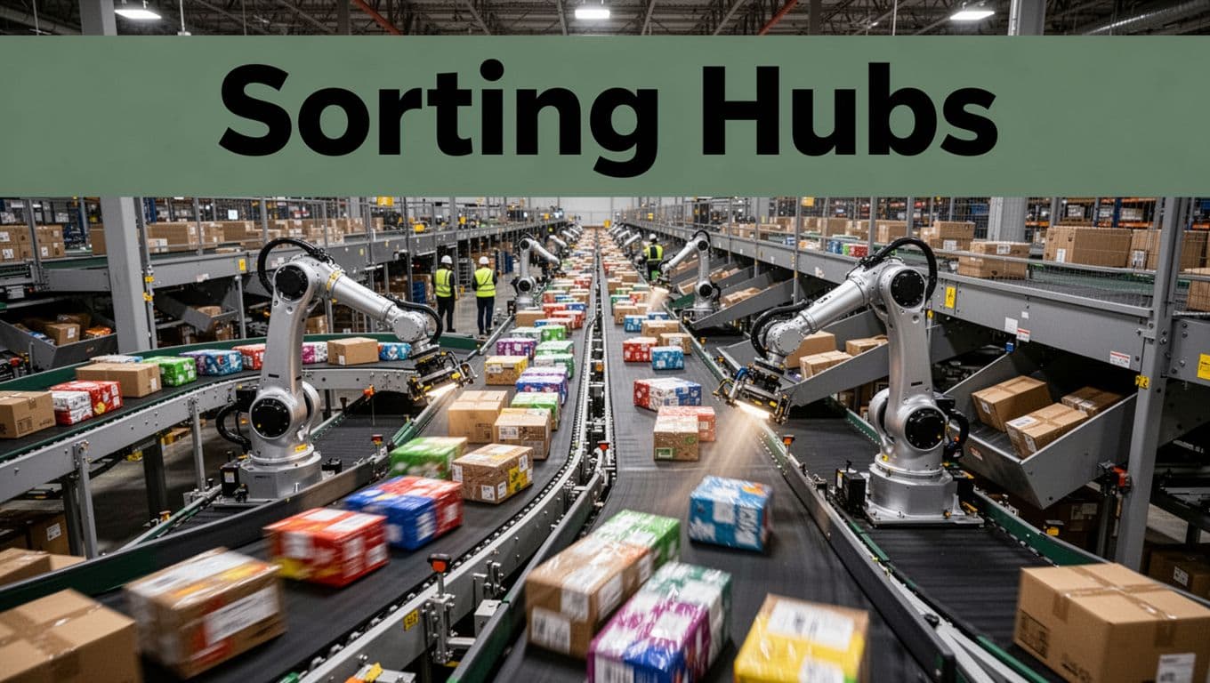 High-speed conveyor belts loaded with colorful packages move through a massive sorting hub warehouse, where exactly two robotic arms precisely divert boxes to chutes under industrial lighting.