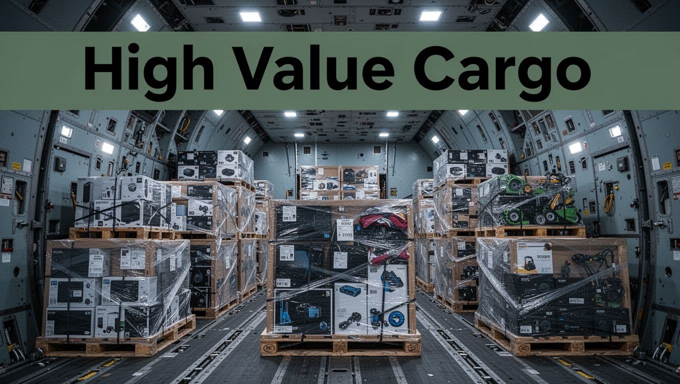 Wide-angle interior view of an air cargo plane hold packed with organized pallets of electronics, clothing, and machinery parts under dim overhead lights in cool blue tones.