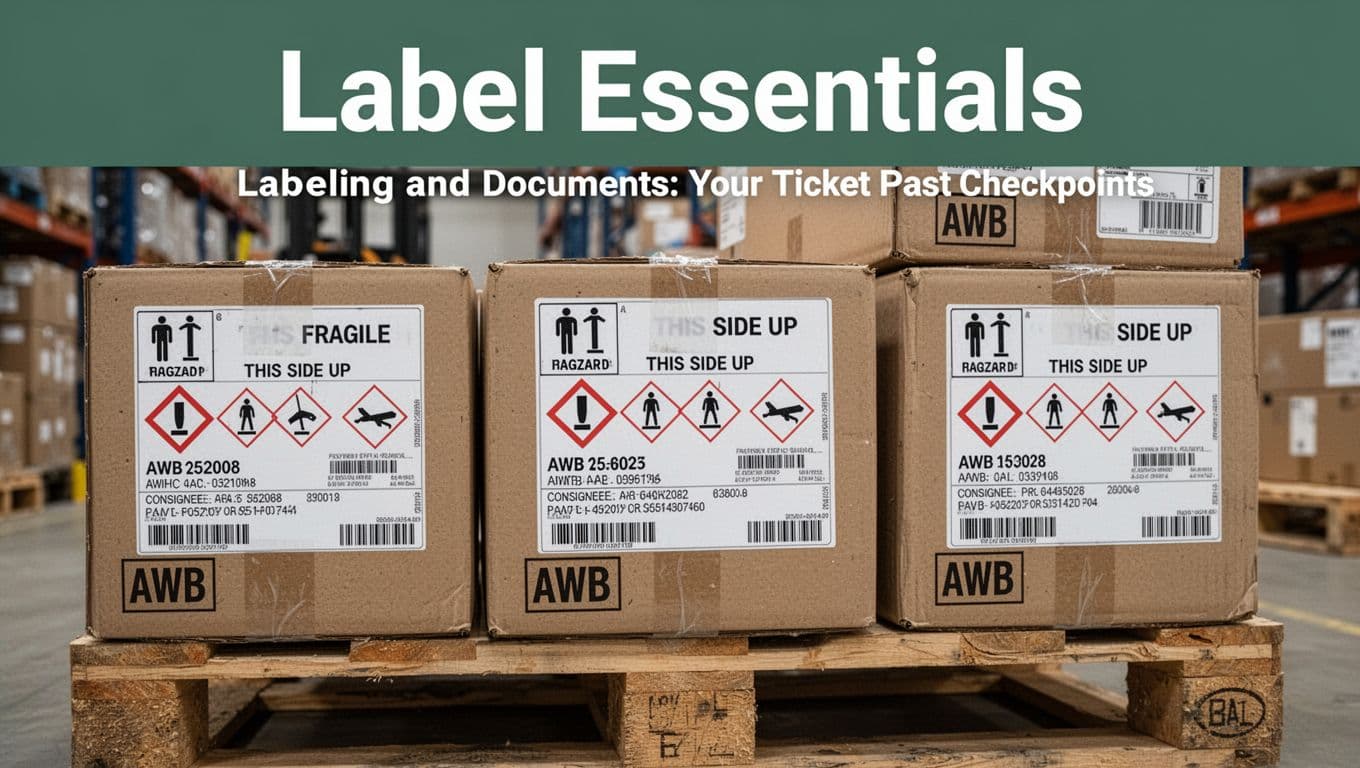 Close-up of exactly three air cargo boxes stacked on a pallet in a warehouse sorting area, showcasing detailed labels with fragile icons, this side up arrows, hazard diamonds, AWB numbers, and consignee details under natural lighting with foreground focus and subtle background blur. Bold 'Label Essentials' headline in title case Montserrat font on a muted dark-green edge-to-edge top band.