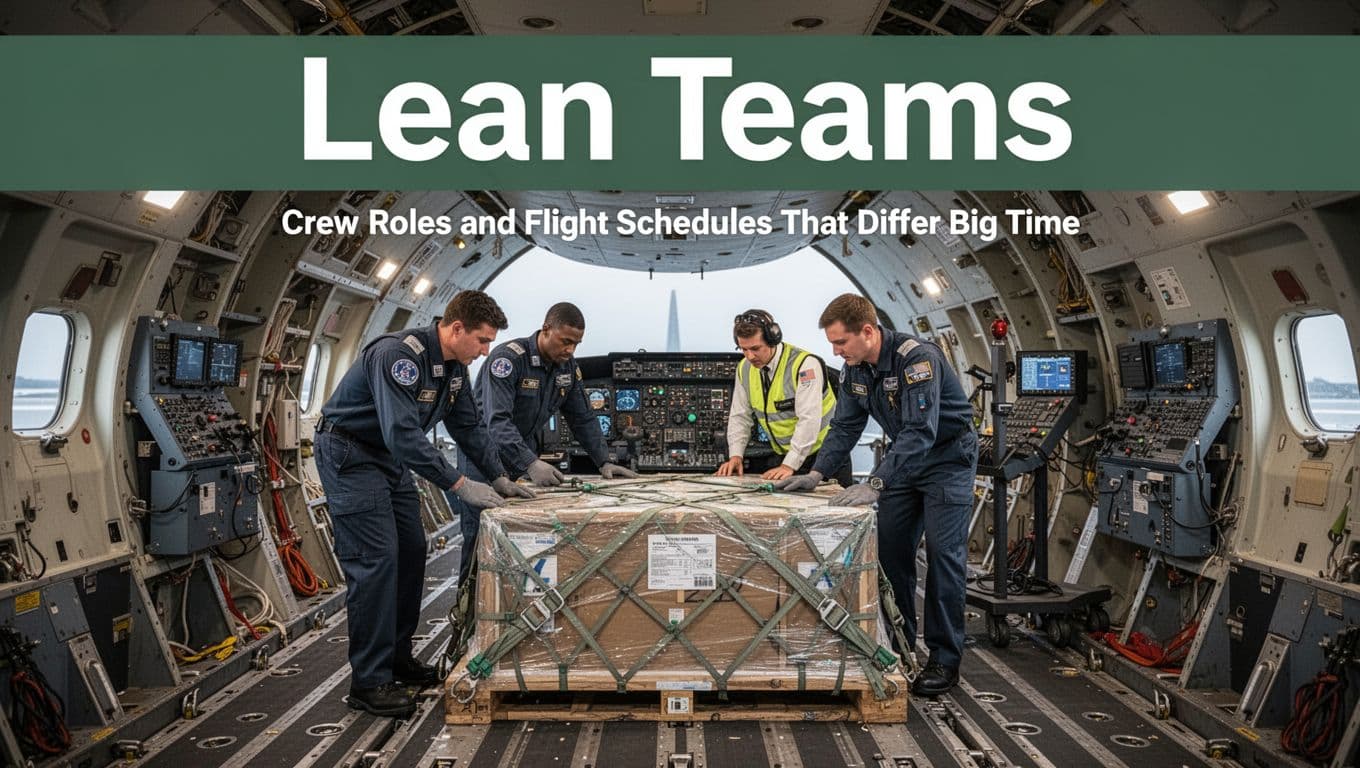A lean team of two pilots and one loadmaster checks balance and secures pallets on the main deck inside a small cargo freighter under interior lighting, realistic photo style with 'Lean Teams' branding band at top.