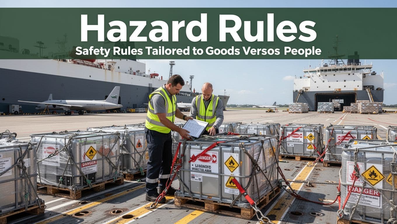 A loadmaster in high-vis vest carefully inspects and secures hazardous materials containers with danger symbols on a cargo freighter deck at an airport ramp under clear daytime skies, featuring bold 'Hazard Rules' branding at the top.