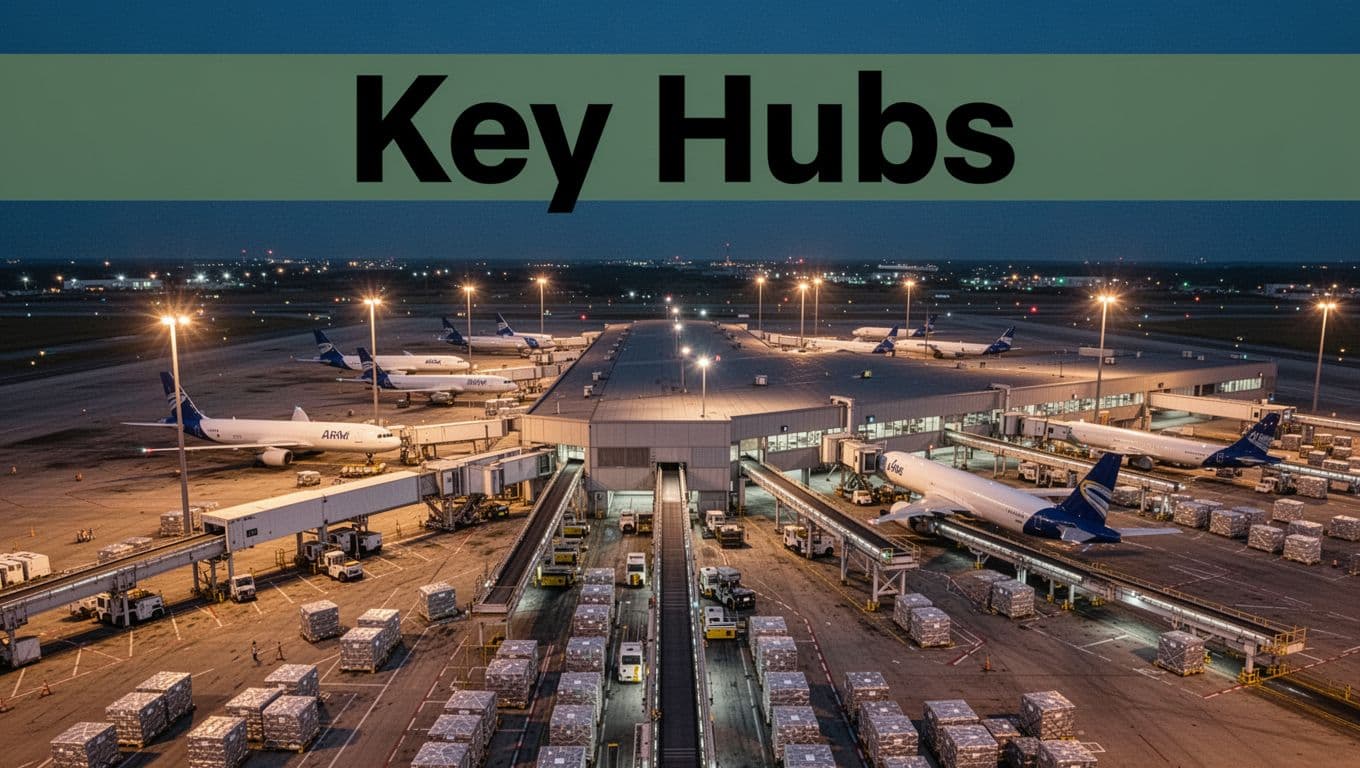 Aerial wide view of a major air cargo hub at night, featuring parked cargo planes, glowing sorting facilities, conveyor systems, and stacked pallets. Realistic photography with warm artificial lights contrasting cool sky, topped by bold 'Key Hubs' headline on dark-green band.