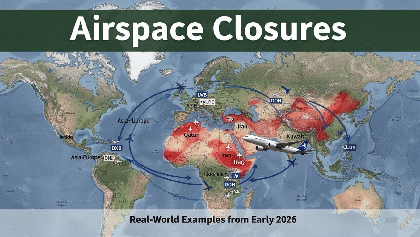 World map highlighting airspace closures in UAE, Qatar, Iran, Iraq, and Kuwait with red shaded zones, DXB, AUH, DOH airport icons, blue detour paths for Asia-Europe and Asia-US cargo routes, and a cargo freighter plane on detour, under a dark-green top banner with 'Airspace Closures' headline.
