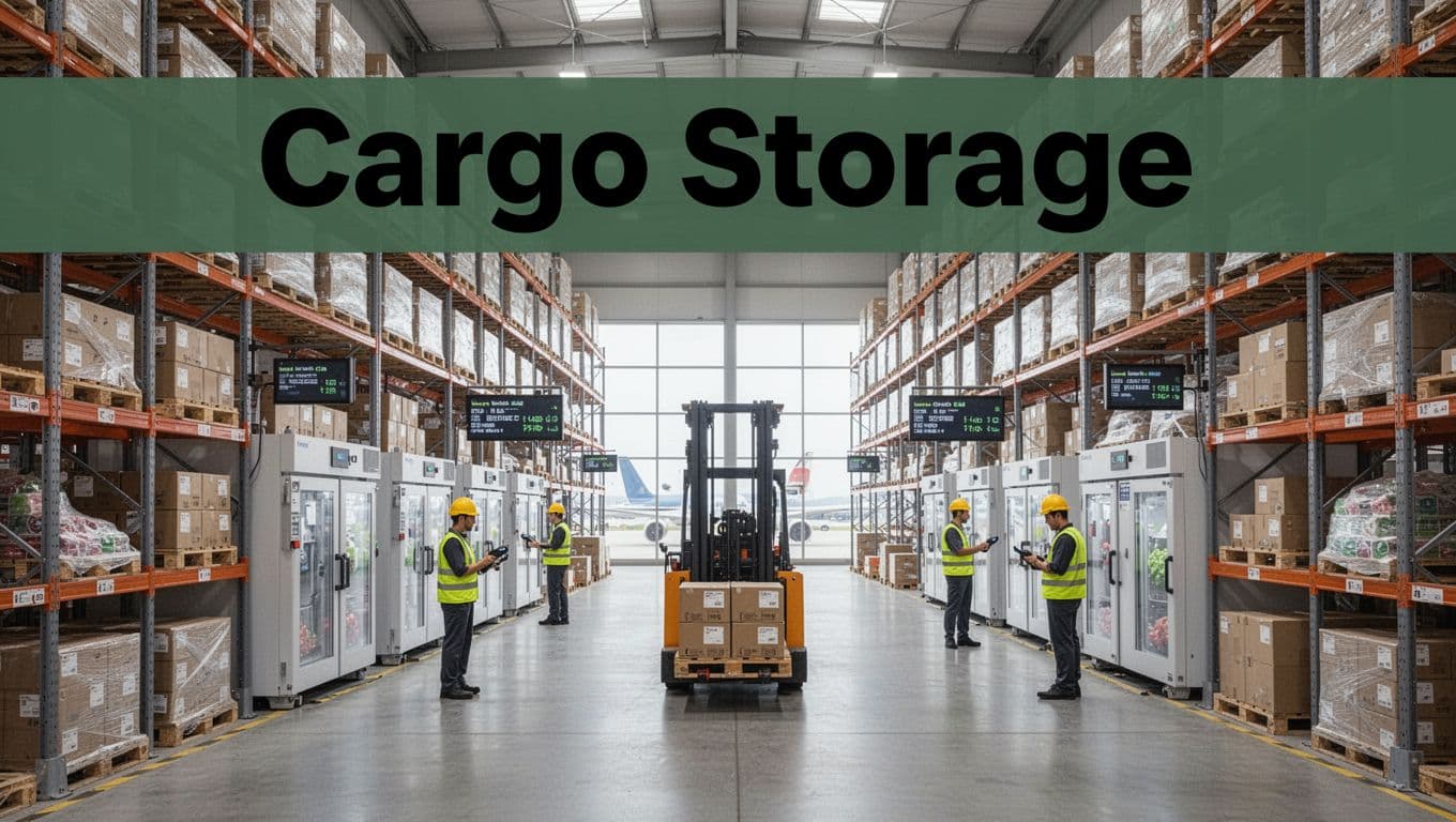 Modern airport cargo storage warehouse with rows of pallets on racks, temperature-controlled units for perishables, and distant workers checking inventory with scanners. Spacious organized facility featuring wide aisles, digital displays, and natural daylight from high windows in a clean, efficient atmosphere.