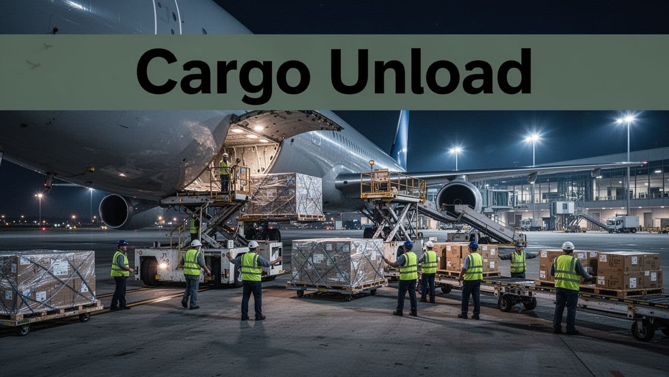 Ground crew unloading cargo pallets from a large cargo plane at night on the tarmac at a busy US airport cargo facility, using high loaders, dollies, and conveyor belts under dramatic lighting.