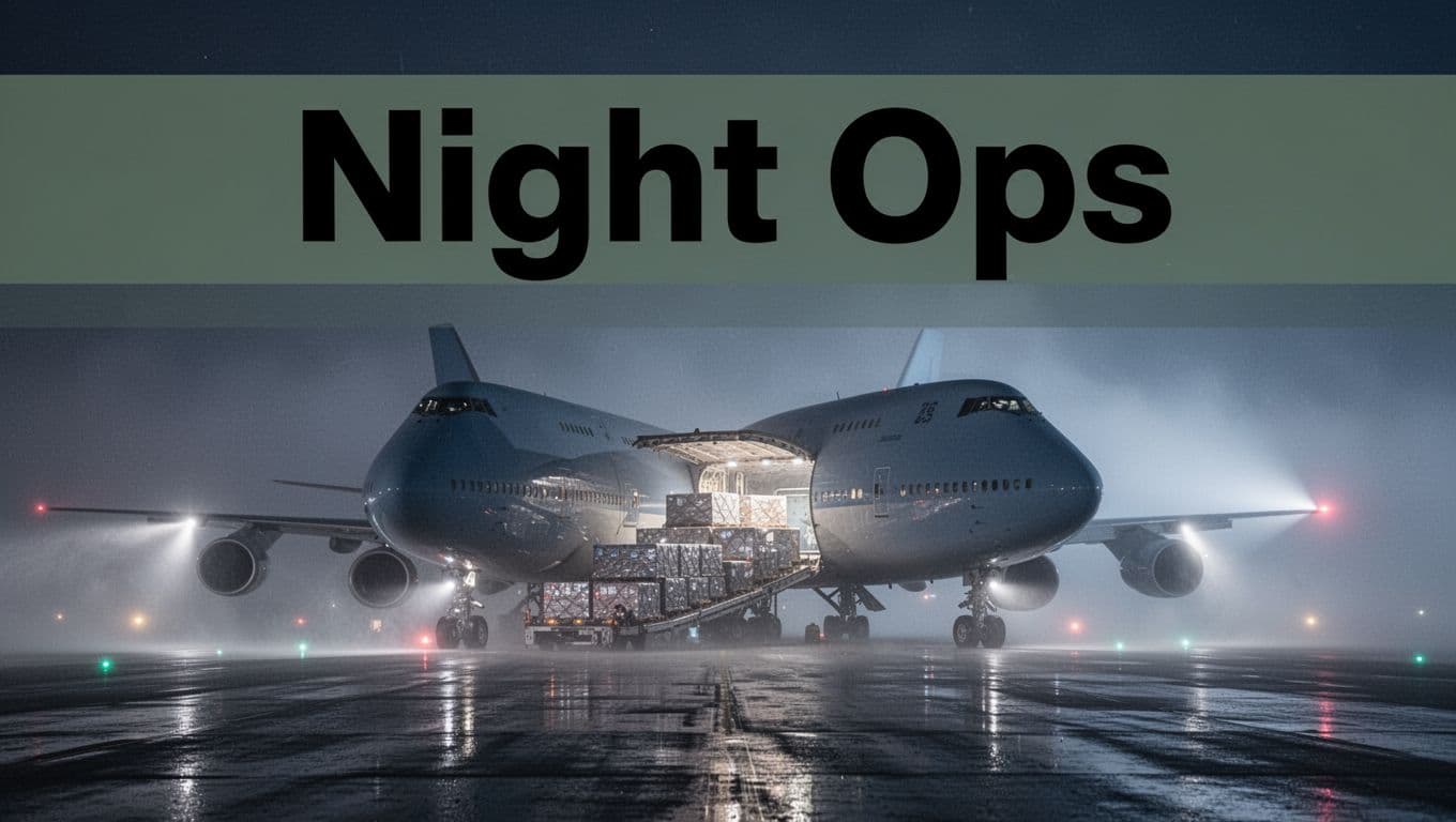 Large cargo freighter airplane like Boeing 747 on wet runway at night in thick fog with low visibility, runway lights piercing mist, heavy payload pallets visible through cargo door, dramatic moody blue-gray lighting, realistic wide-angle photo.