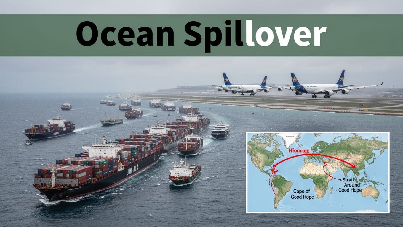 Editorial image of a congested ocean port with queued container ships waiting to berth, a distant airport runway with cargo freighters preparing for takeoff amid supply chain pressure, and an inset world map highlighting the Strait of Hormuz detour route around Cape of Good Hope.