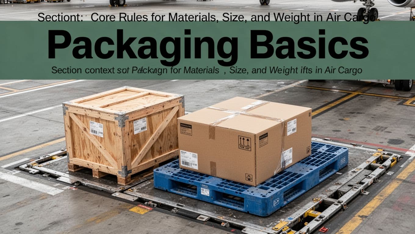 Sturdy air cargo packages in a crate, box, and pallet setup.