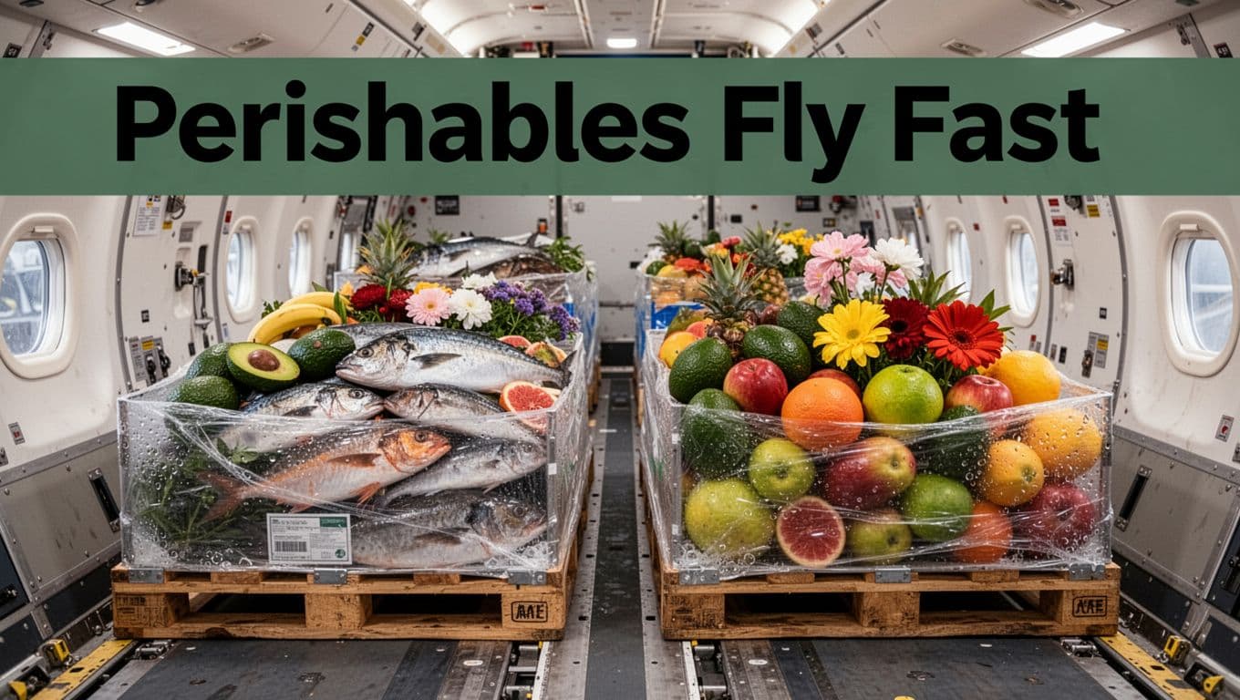 Fresh seafood, exotic fruits like avocados, and flowers in temperature-controlled air cargo containers on two pallets inside a plane hold, close-up realistic photo with vibrant produce, condensation, and cool white lighting.
