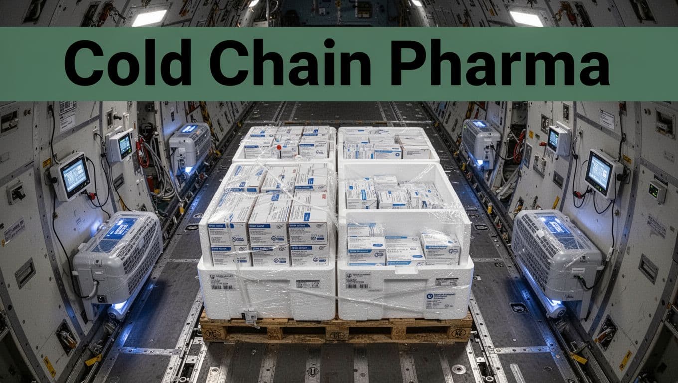 Overhead view of organized vaccine boxes and medical supplies in insulated containers within an air cargo bay, featuring temperature monitors and subtle blue glow from cooling units in a realistic industrial style.