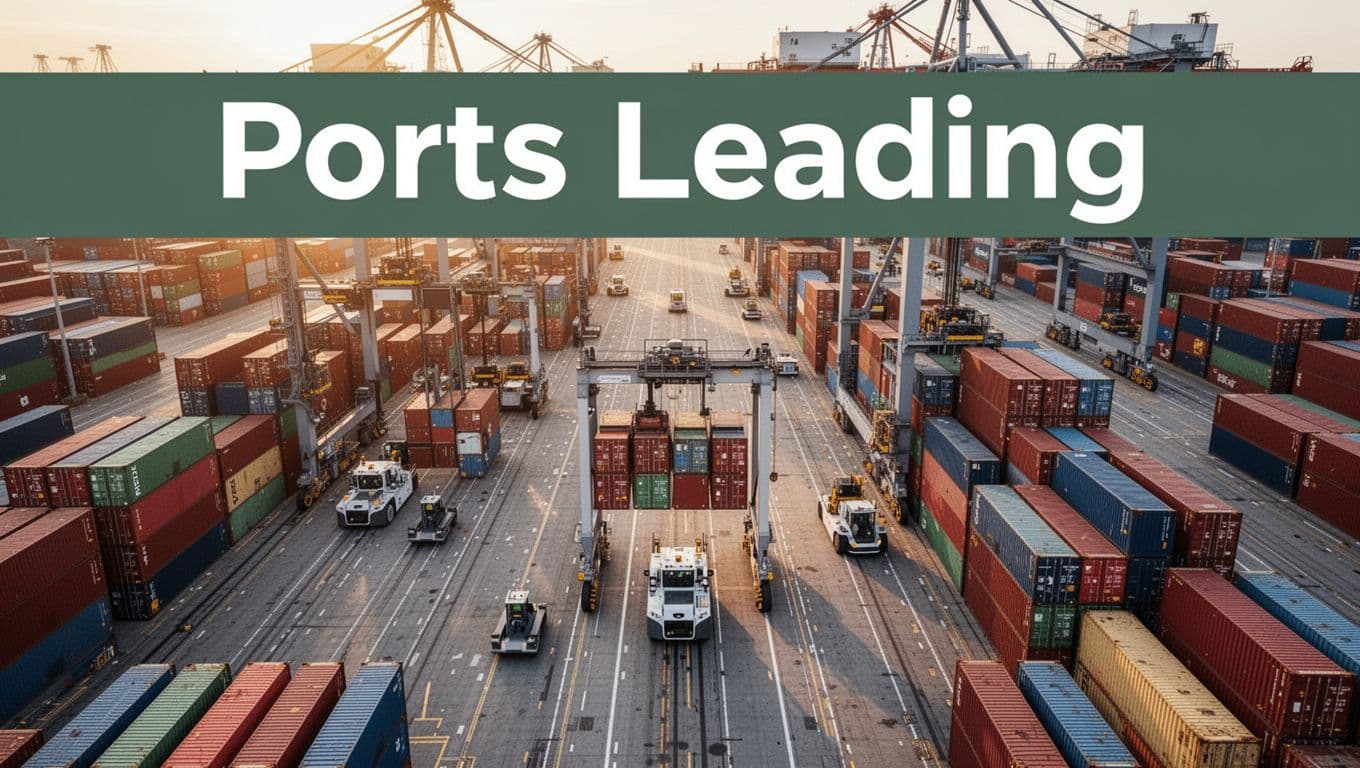 Dynamic overhead view of AGVs and automated stacking cranes handling colorful shipping containers in a busy European port terminal like Rotterdam at golden hour, with no people visible and precise movements. Bold branded editorial style featuring the headline 'Ports Leading' on a muted dark-green horizontal band near the top.