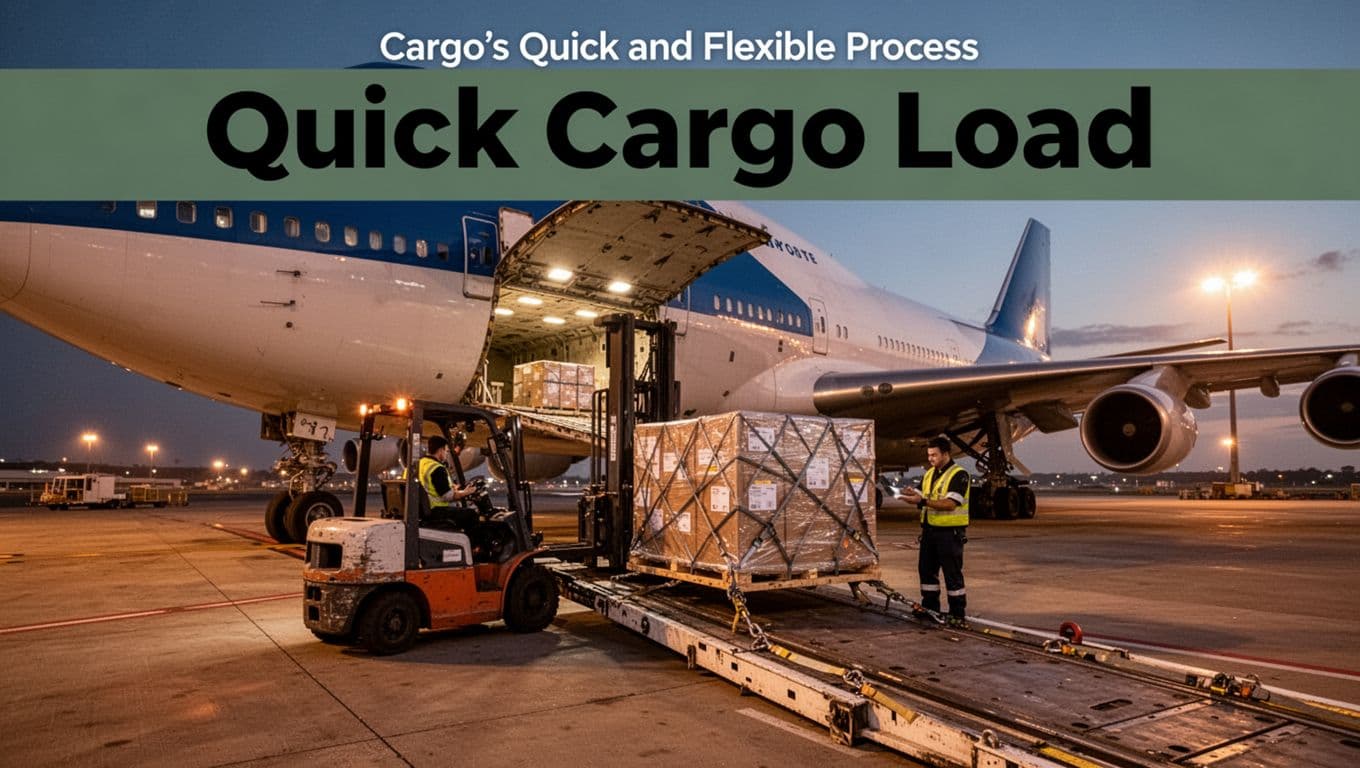 Airport apron at dusk featuring a large cargo freighter with nose door open, a forklift backing a secured pallet onto the main deck, and a loadmaster checking restraints under warm floodlights.
