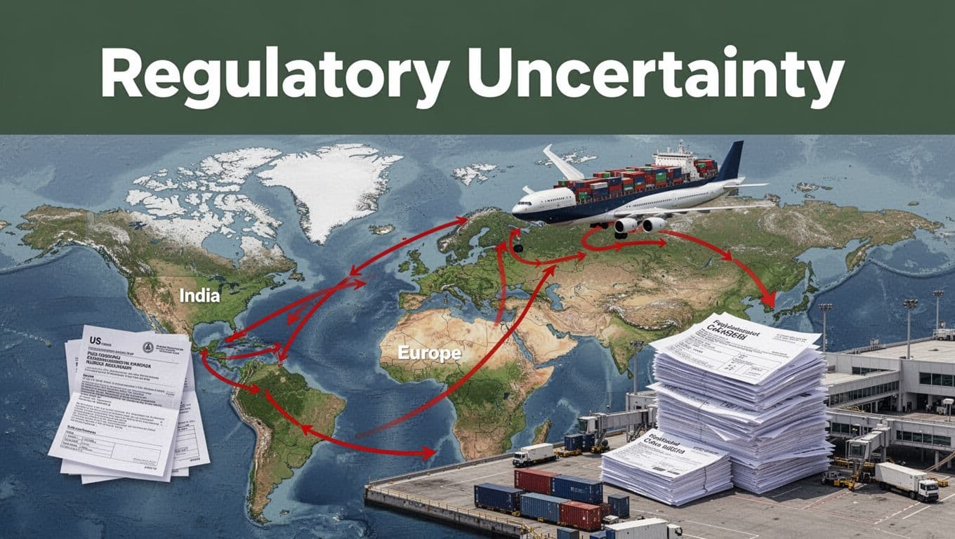 Headline 'Regulatory Uncertainty' in bold typography over a dark-green band, featuring a world map with US-India, Canada, and Europe trade routes highlighted by red disruption lines and a cargo plane detouring above an airport terminal stacked with regulatory documents and tariffs.
